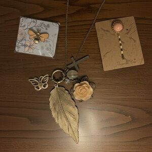 Gold Leaf Cross Rose Butterfly Pendant Necklace Matching Barrette Bee Brooch Set